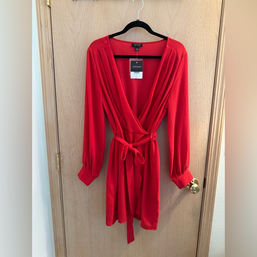 NWT Topshop Red Plunge Wrap Dress with Bishop Sleeves